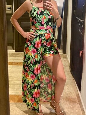 Tropical Floral Split-Skirt Romper